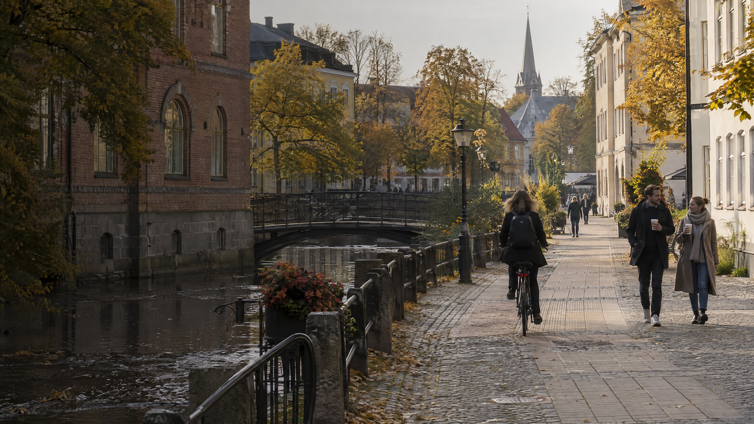 Höstmorgon i en stad i Sjuhärad, en cyklist och två fotgängare längs ån